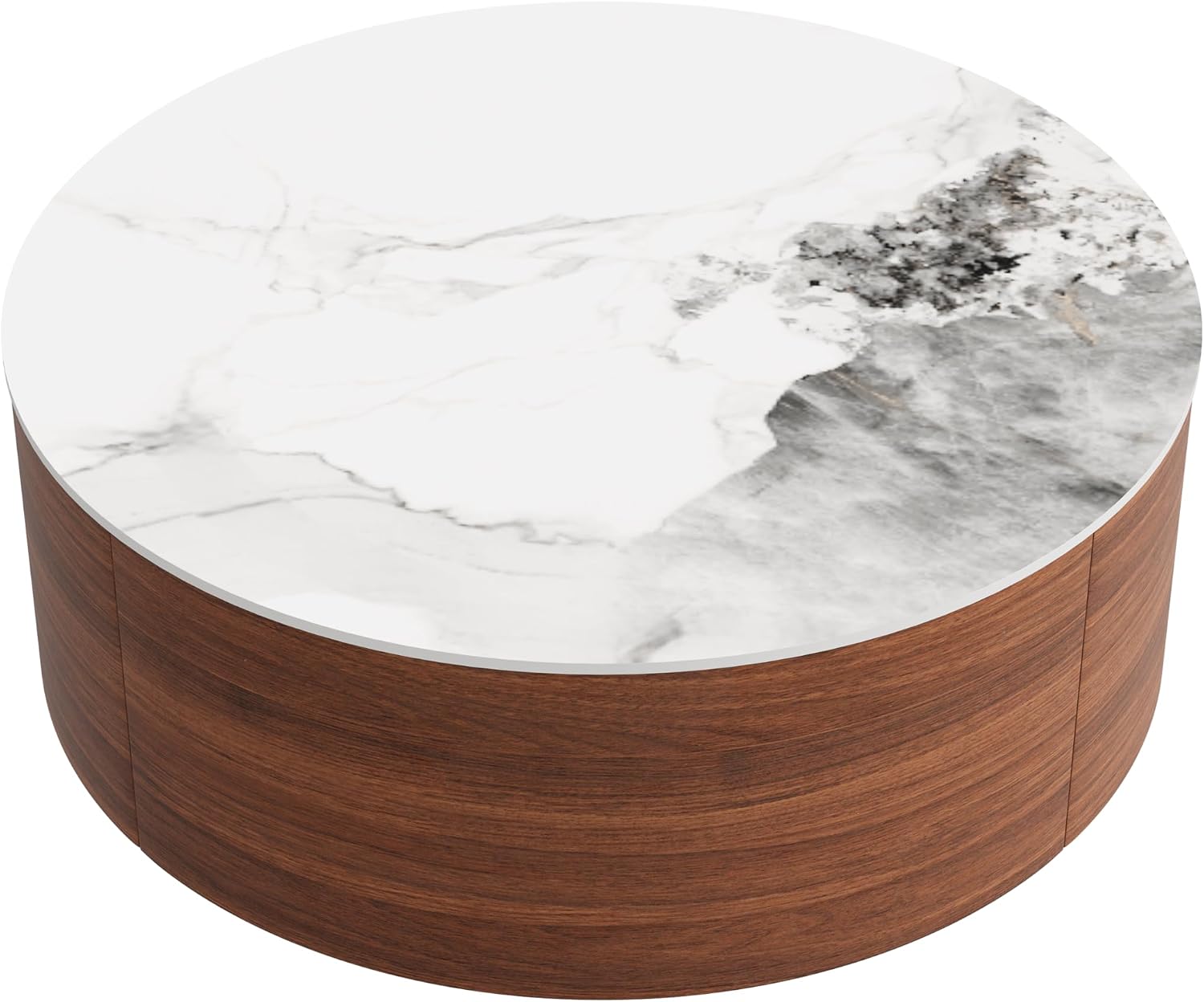 Merax 29.5' Round Coffee Table for Living Room, Movable Accent Table with Casters and 2 Storage Drawers, Marble Pattern Sintered Stone Top, Walnut