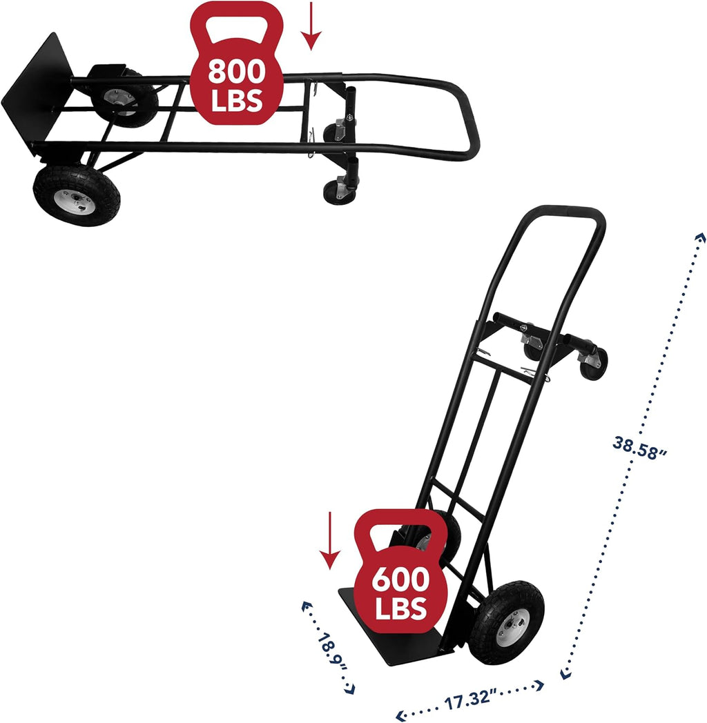 Olympia Tools 800 Lb Steel Convertible Hand Truck with 10' Pneumatic Wheels for Home and Office Use