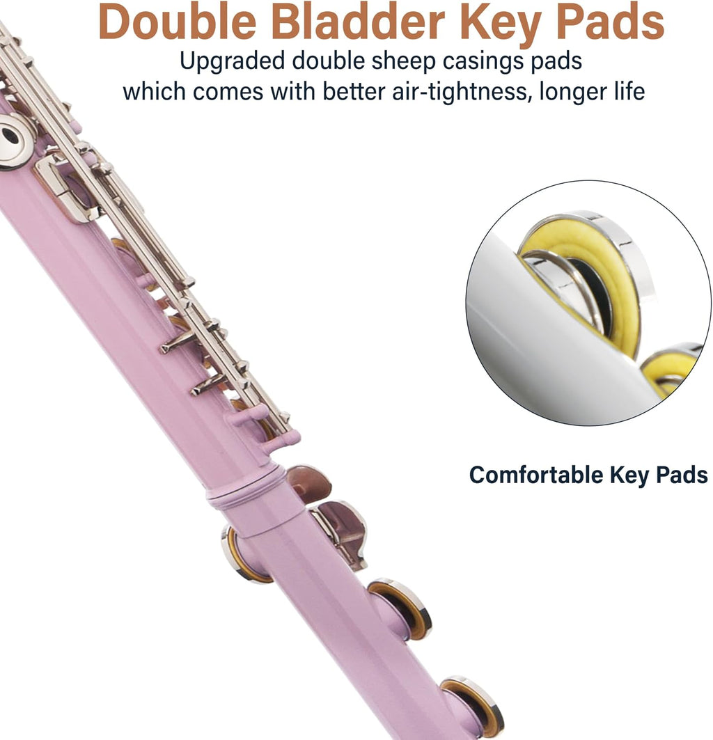 Mendini By Cecilio Flute - 16 Keys Closed Hole C Flute Instrument For Beginners with Carrying Case, Cork Grease, Stand, Lesson Book, Cleaning Kit, Gloves (Pink)