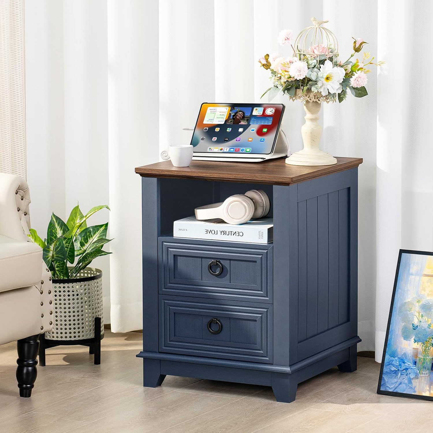 Joaxswe 18' Farmhouse Night Stands Set of 2 with Charging Station, 2 Drawers End Table Dresser for Bedroom, Blue Wooden Nightstand, Bed Side Table with Open Shelf, Bedside Cabinet for Living Room
