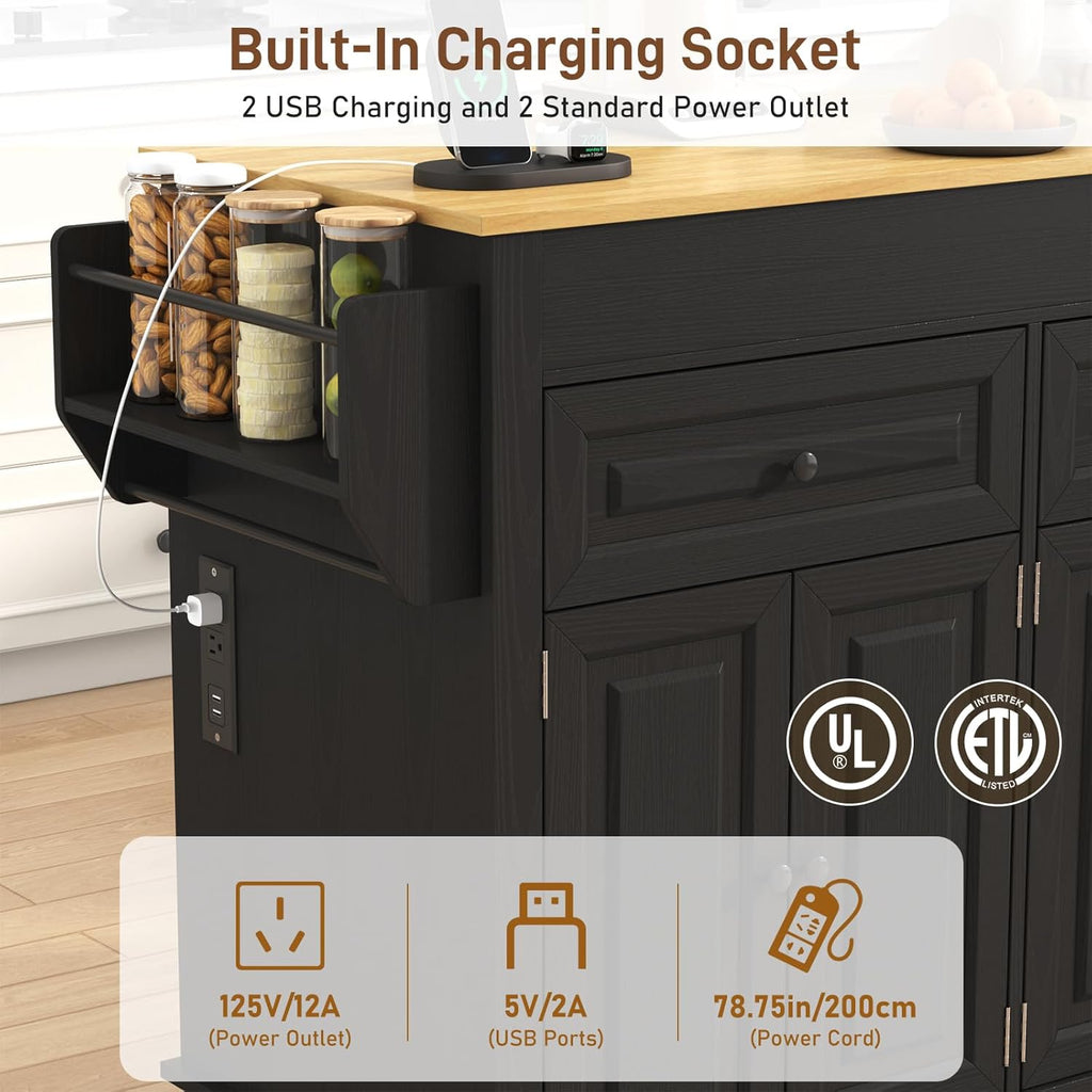80'-48' Extendable Kitchen Island with Extended Dining Table and Power Outlet,Large Mobile Kitchen Storage Islands with 2 Storage Drawers,Rolling Islands Cart with 3 Extra Rows Open Shelves(Black)