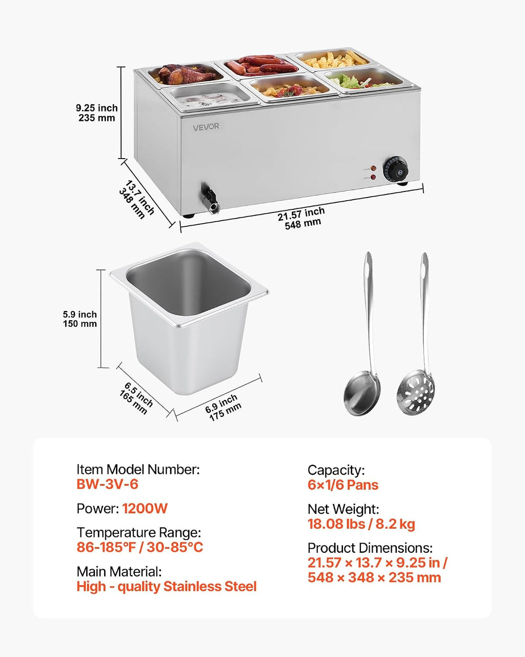 VEVOR 6-Pan Commercial Food Warmer, 24QT Electric Steam Table, 1200W Professional Countertop Stainless Steel Buffet Bain Marie with 86-185°F Temp Control for Catering and Restaurants, Silver