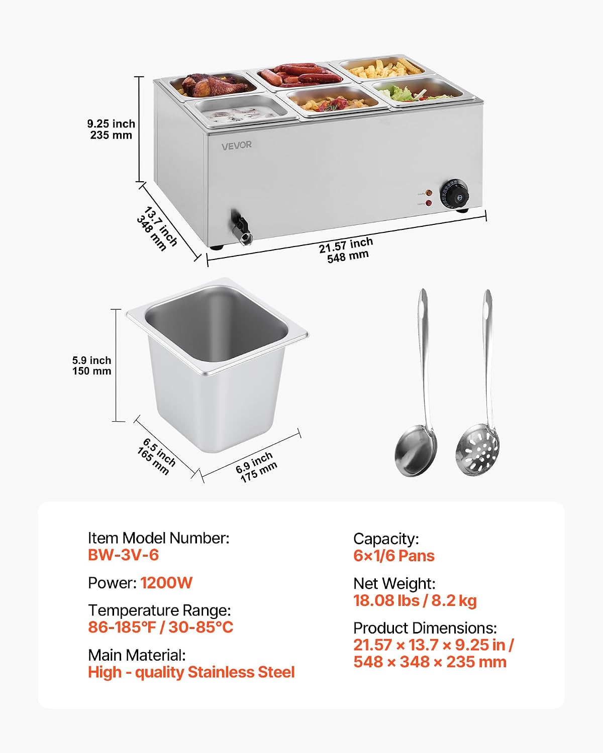 VEVOR 6-Pan Commercial Food Warmer, 24QT Electric Steam Table, 1200W Professional Countertop Stainless Steel Buffet Bain Marie with 86-185°F Temp Control for Catering and Restaurants, Silver
