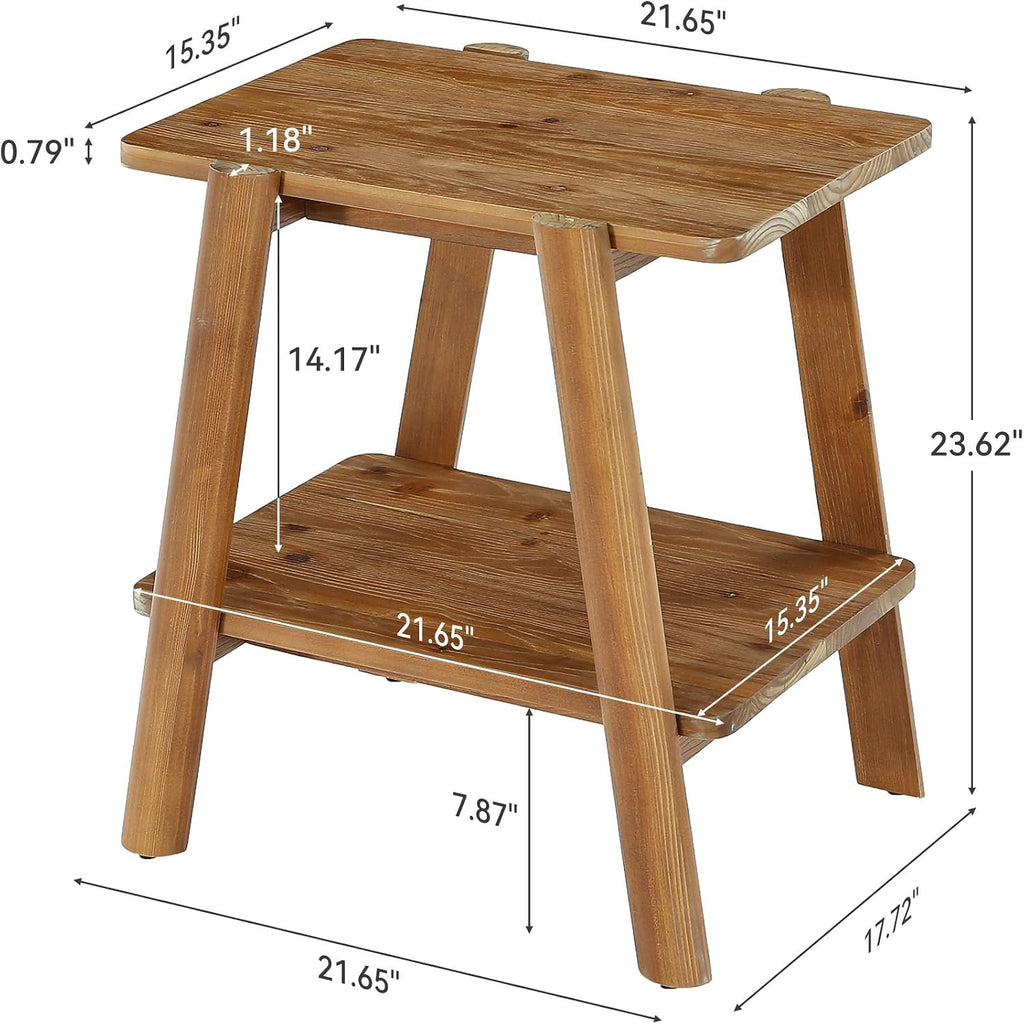 LITTLE TREE Solid Wood End Tables, Narrow 2-Tier Side Table for Small Spaces, Farmhouse Bedside Table Nightstands with Storage for Bedroom, Living Room, Rustic Brown(1 Piece)
