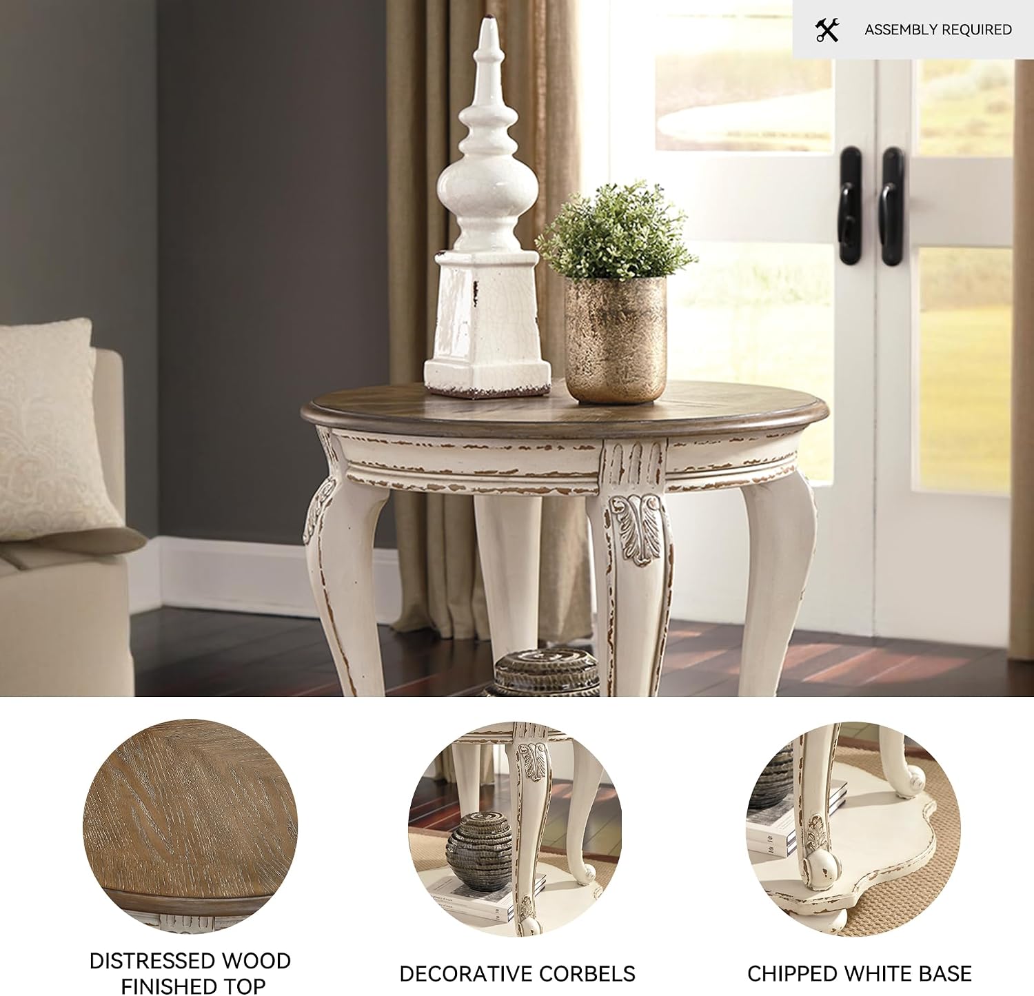 Signature Design by Ashley Realyn Round End Table, Cottage-Style Side Table with Antiqued Two-Tone Finish, Wood & Veneer Construction for Living Room or Bedroom, White/Brown