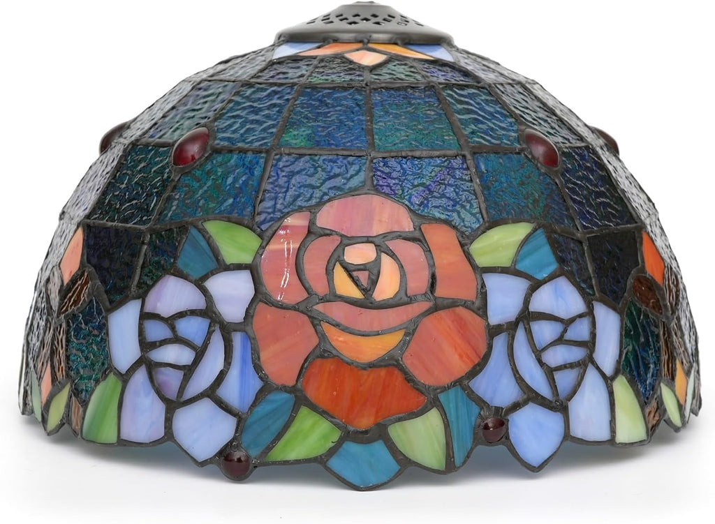 Tiffany Style Lamp Shade, 12 Inch Blue Background Roses Stained Glass Lamp Shade Replacement Vintage Lamp Cover Accessories Fit for Table Lamp Pendant Light Ceiling Light