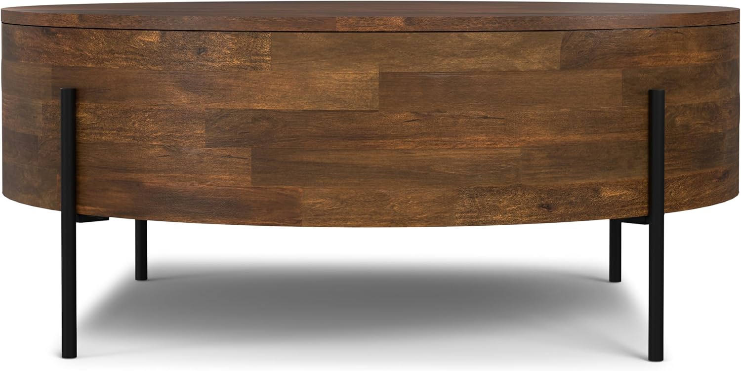 SIMPLIHOME Rayburn Drum Coffee Table - 38 inch Wide Solid Mango Wood Round Living Room Table in Walnut Brown, Modern Urban Center Table for Family Room with Black Metal Legs and Large Surface