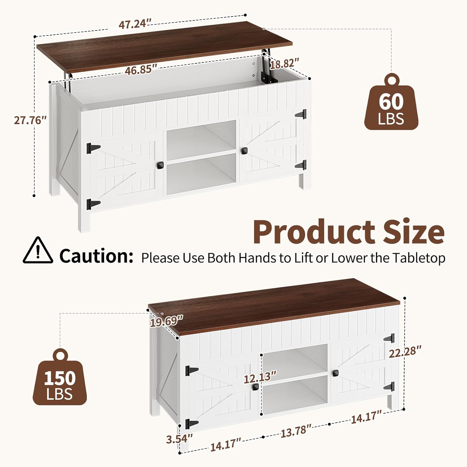 47.3' Lift Top Coffee Table with Storage - White Coffee Tables for Living Room, Farmhouse Wood Center Table, Large Rectangle Middle Tables with Hidden Compartment & Adjustable Shelf