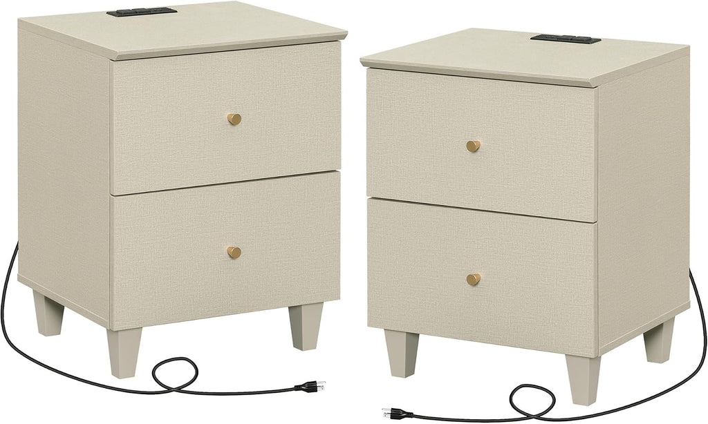 WAMPAT Set of 2 Nightstands with Charging Station&2 Drawers Storage, Modern End Tables Mid-Century Wood Bedside Tables with 2 AC Outlets & USB Ports for Living Room, Bedroom, Beige Faux Linen