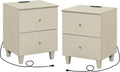 WAMPAT Set of 2 Nightstands with Charging Station&2 Drawers Storage, Modern End Tables Mid-Century Wood Bedside Tables with 2 AC Outlets & USB Ports for Living Room, Bedroom, Beige Faux Linen