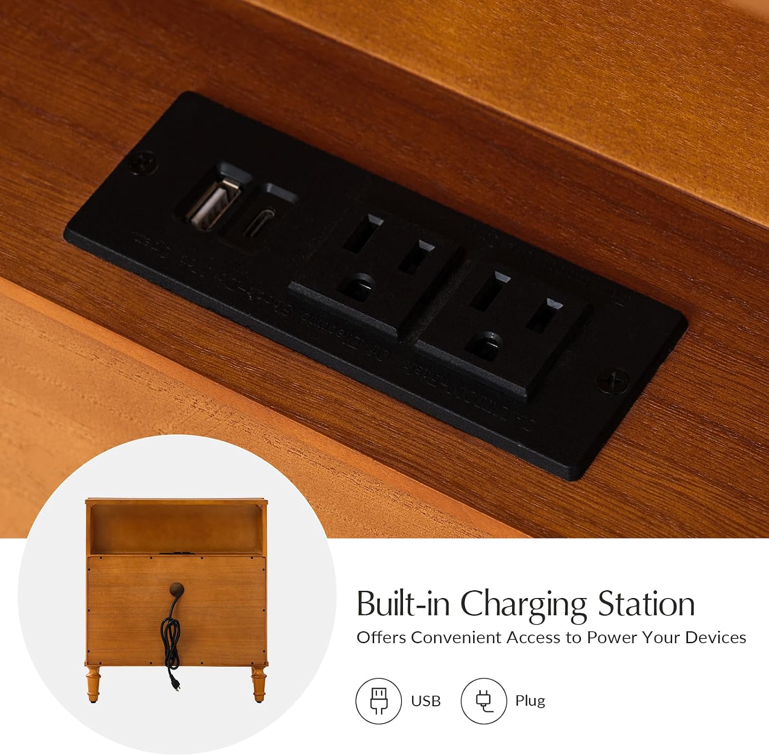 HULALA HOME 3 Drawer End Tables Set of 2 with Charging Station, 26' Wide Endtables with Solid Wood Legs and Curved Profile, Classic Side Tables for Living Room, Acorn