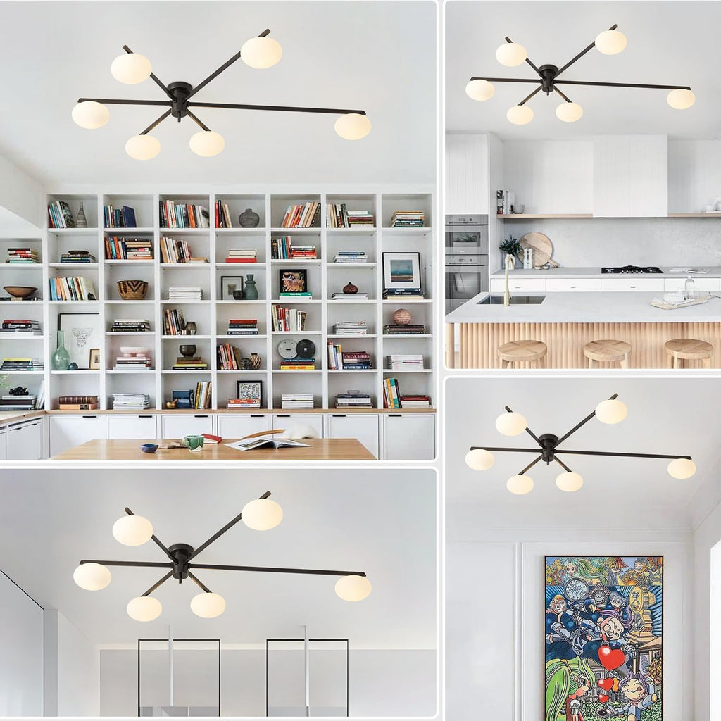 6-Light Mid Century Semi Flush Mount Black Matte Sputnik Chandelier Fixtures with Milk Glass Shade for Foyer MCL01-6 BK