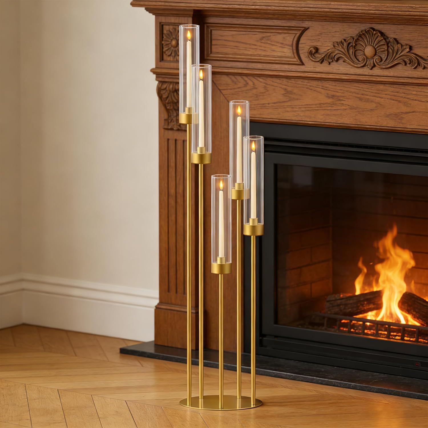 42.5in Gold Candle Holders for Table Centerpiece Candelabra Candlestick Holders Decor Wedding Centerpiece Table Decorations 5 arm Candle Holder Set of 10 Acrylic lampshade Fit 0.9' LED Candle