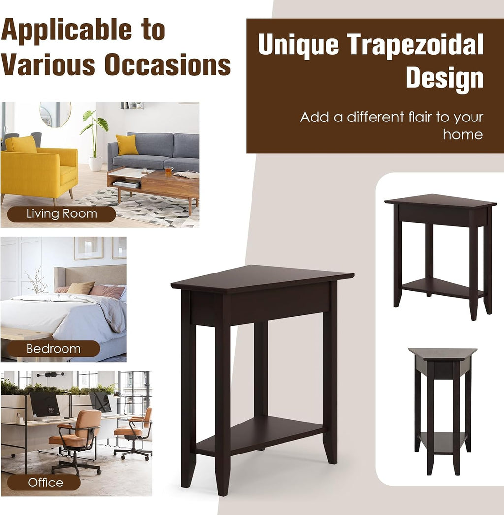 Giantex Wedge End Table Set of 2, Triangle Side Table with Storage Shelf and Solid Wood Legs, Recliner Table, 24.5' Tall Nightstand, Modern Narrow Accent Table for Small Space Living Room, Espresso