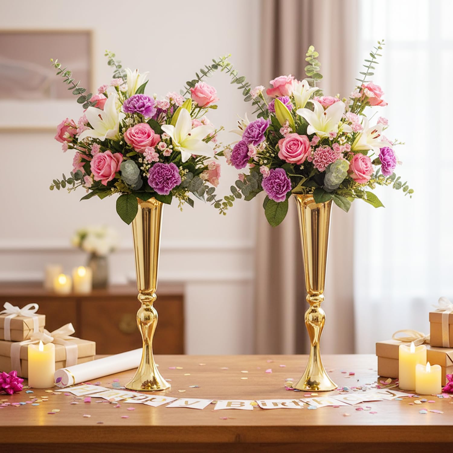 Metal Trumpet Vases for Centerpieces - Set of 10 Elegant Gold Vases for Table, 21.9' Tall Flower Stands for Table Centerpieces Anniversary Celebration Christmas Event Party Home Wedding Decorations