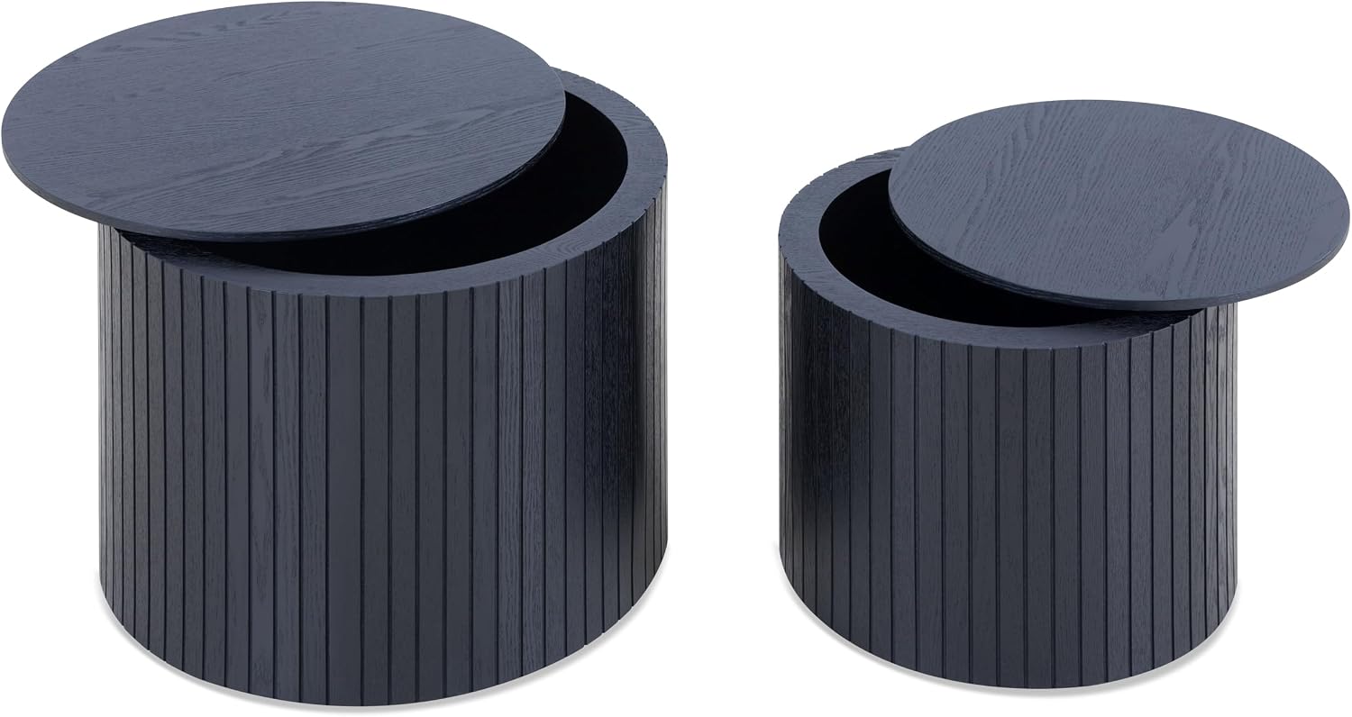 Nesting Coffee Table Set of 2,Modern Round Wooden Coffee Tables with Storage,Luxury Fluted Side Table Accent End Table for Small Space Living Room Apartment (19.17')