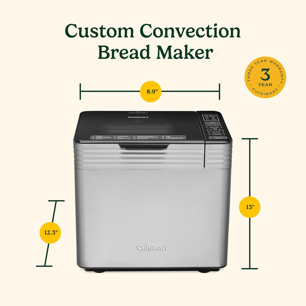 Cuisinart Bread Maker Machine, Stainless Steel Convection Bread Machine with 16 Menu Options, 3 Loaf Sizes Up to 2 Lb., 3 Crust Colors, Includes Measuring Cup, Spoon & Kneading Hook, CBK-210