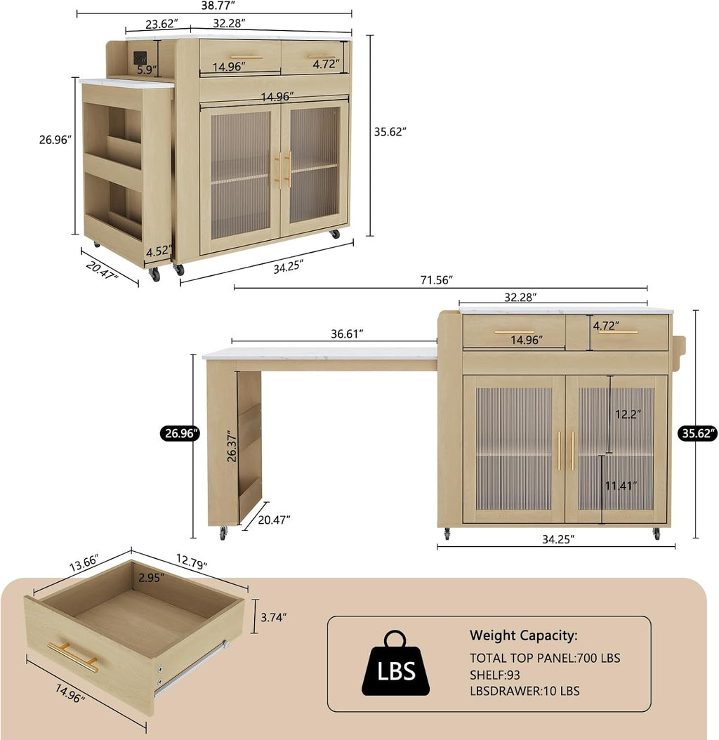 HLR 72' Kitchen Island with Extendable Dining Table, Marble Grain Top Storage Islands with Power Outlet, Rolling Cart on Wheels with Storage Cabinet and 2 Drawers, Pre Table for Kitchen