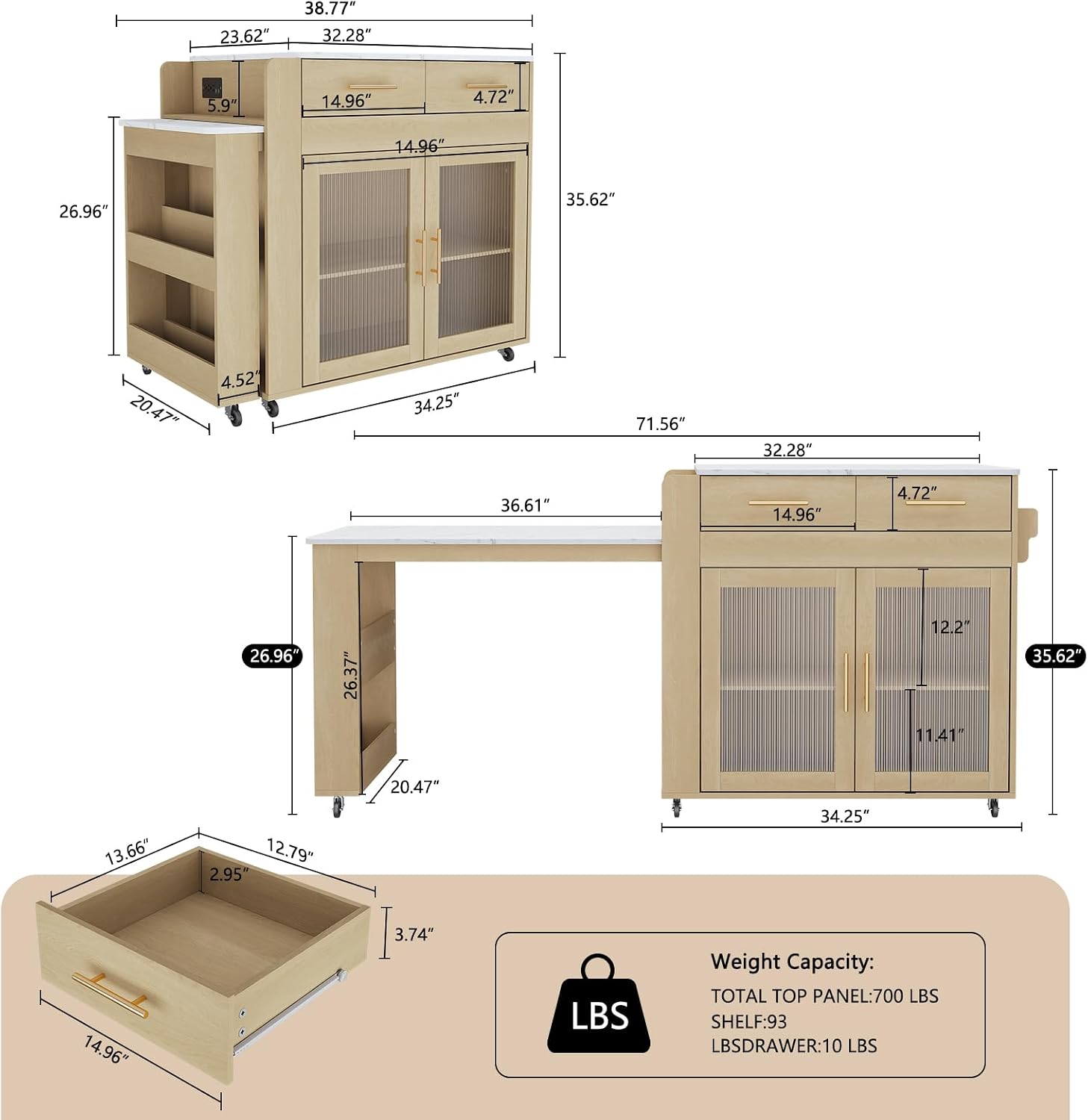 HLR 72' Kitchen Island with Extendable Dining Table, Marble Grain Top Storage Islands with Power Outlet, Rolling Cart on Wheels with Storage Cabinet and 2 Drawers, Pre Table for Kitchen