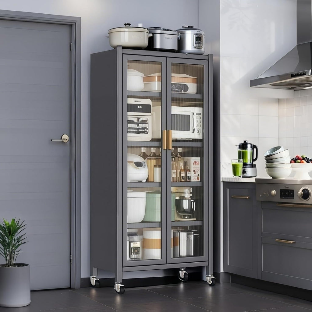 65' Kitchen Pantry Storage Cabinet, 6 Tier Metal Display Storage Cabinet with Transparent Door, Adjustable Shelves & Wheels, Food Pantries Cabinets, for Kitchen, Living Room