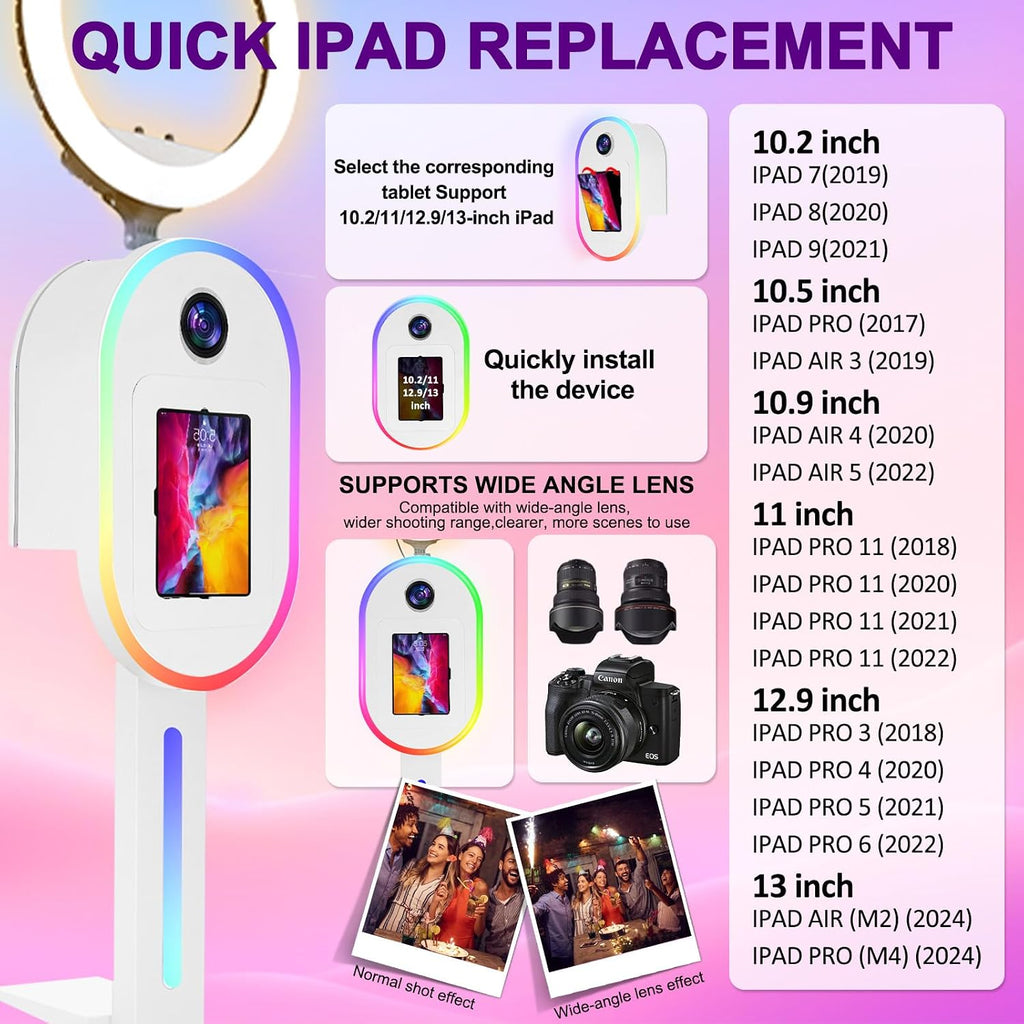 Photo Booth for iPad 10.2' 10.5' 10.9' 11' 12.9' 13' for Camera Dualuse Photobooth Machine Selfie Station Stand APP Control RGB Light Music Sync Light Box with Flight Case for Rental Wedding