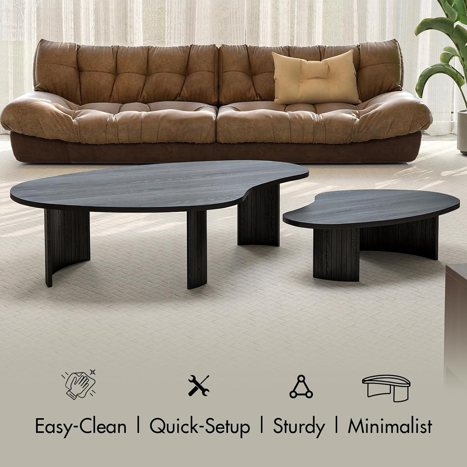 Hyfirm 2-Piece Irregular Mango Nesting Coffee Table Set, Black Solid Wood Coffee Tables with Fluted Legs, Modern Minimalist Accent Tables for Living Room, Bedroom & Small Apartments
