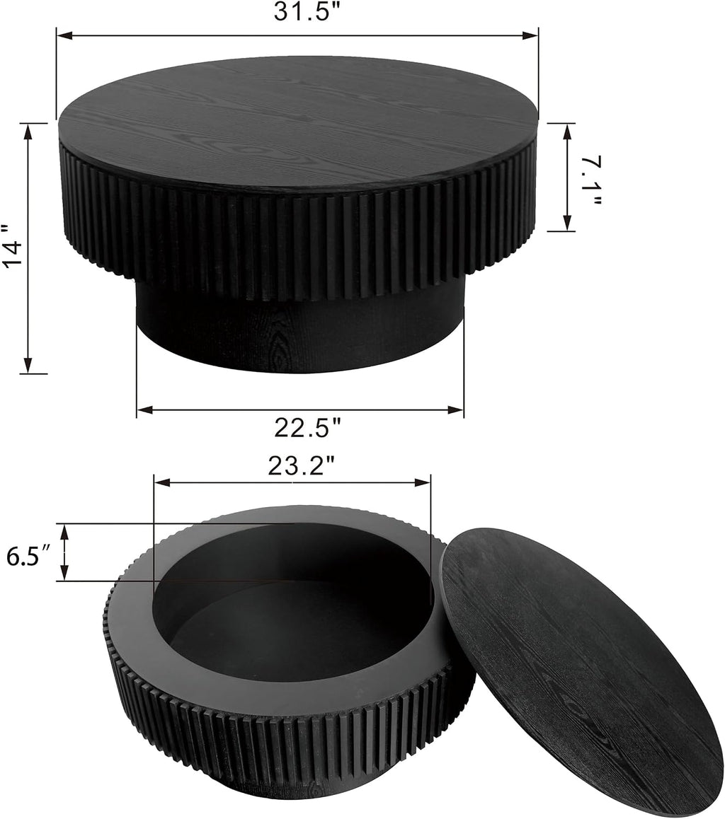 31.5'' Round Coffee Table with Storage, Modern Luxury Circle Drum Center Tables with Solid Wood Veneered, Accent Side Coffee Table for Living Room, Bedroom, Apartment-Black