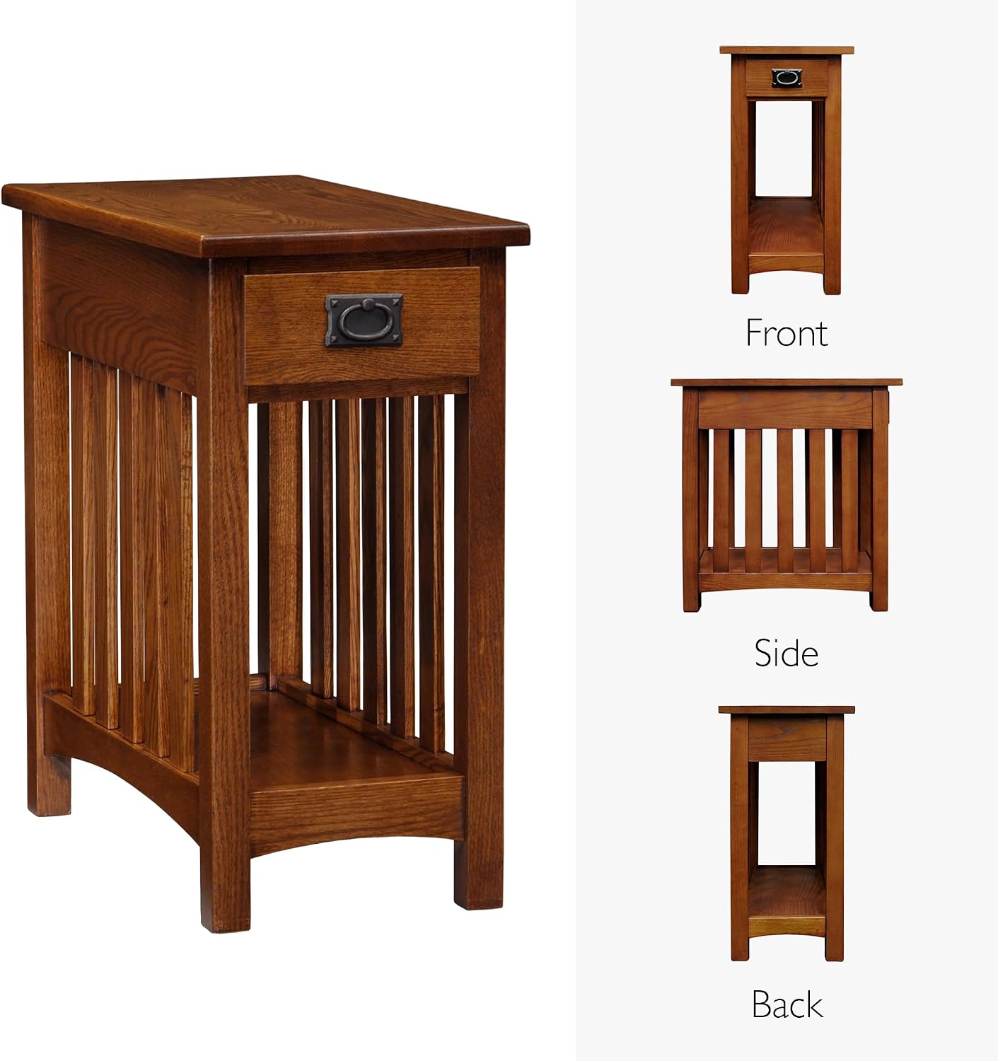 Leick Home Mission End Table, Solid Wood, 1 Storage Drawer, Bottom Display Shelf, Narrow, Slatted Sides, Easy-Assembly, Medium Oak, 22.5 in L x 12 in W x 24 in H, 8202