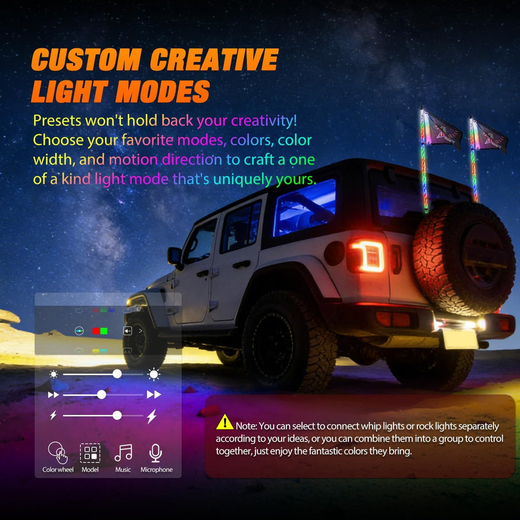 Nilight 2PCS 3FT RGB LED Whip Light with Spring Base and 8 PCS Rock Lights Combo, Remote App Control w/DIY Chasing Patterns Turn Signal Brake Reverse Antenna Lighted Whips for ATV UTV Polaris RZR Jeep