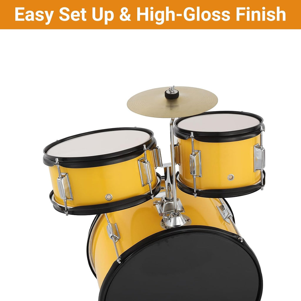 Drum Set for Children, 5 Drum Acoustic Drum Set, Metal and Wood Design, Yellow Finish, for Starter Drummers, Rhythm Development and Home Use