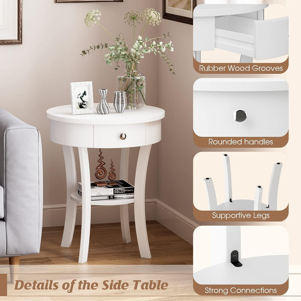Giantex Round End Table with Drawer, 2-Tier Wood Side Table w/Open Shelf, Small Sofa Side Table for Small Space, Multipurpose Accent Table for Bedroom Living Room Home (2, White)