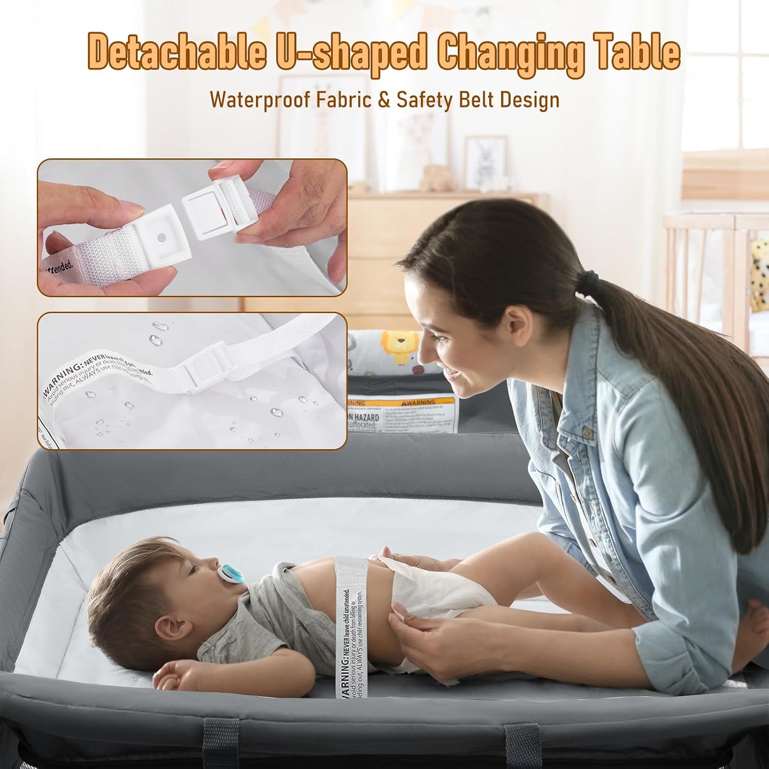 Jaoul 5 in 1 Baby Crib, Bassinet Beside Sleeper, Pack and Play with Bassinet and Changing Table Portable Travel Baby Playpen with Toys & Music Box, Mattress for Girl Boy Infant Newborn