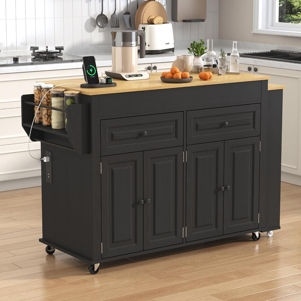 80'-48' Extendable Kitchen Island with Extended Dining Table and Power Outlet,Large Mobile Kitchen Storage Islands with 2 Storage Drawers,Rolling Islands Cart with 3 Extra Rows Open Shelves(Black)