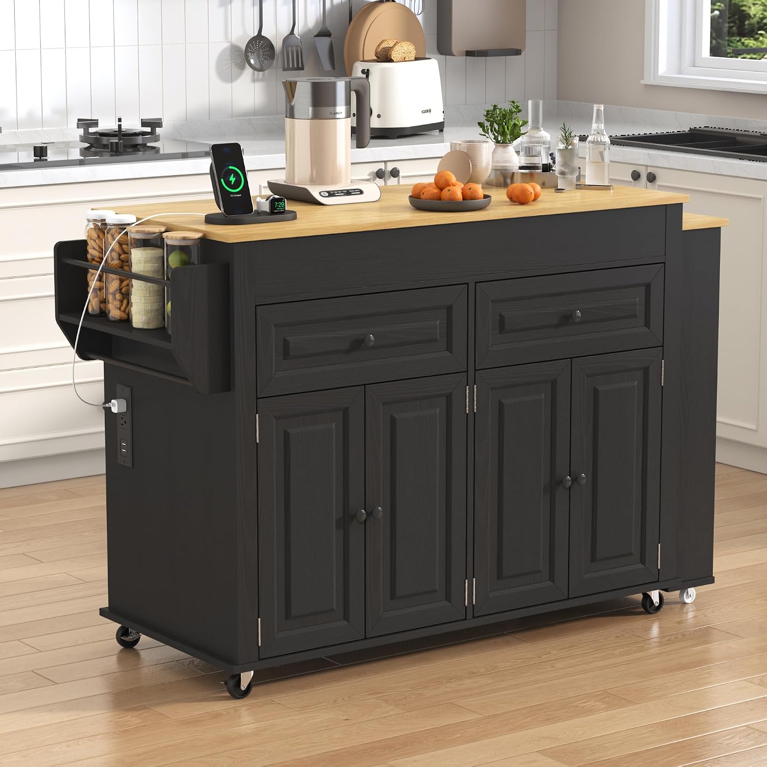 80'-48' Extendable Kitchen Island with Extended Dining Table and Power Outlet,Large Mobile Kitchen Storage Islands with 2 Storage Drawers,Rolling Islands Cart with 3 Extra Rows Open Shelves(Black)