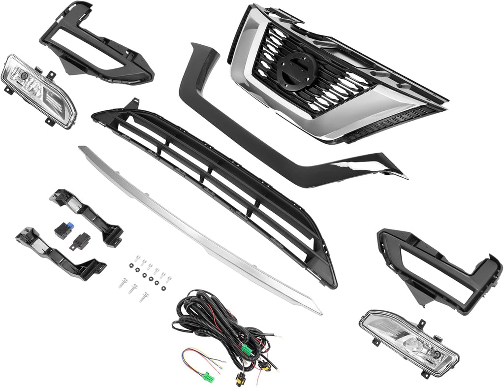 HECASA Front Upper + Lower Grille + Fog Light Kit Compatible with 2017-2020 Nissan Rogue Bumper Radiator Hood Grill Assembly Plastic Chrome&Painted Black+Silvery+Clear Lens