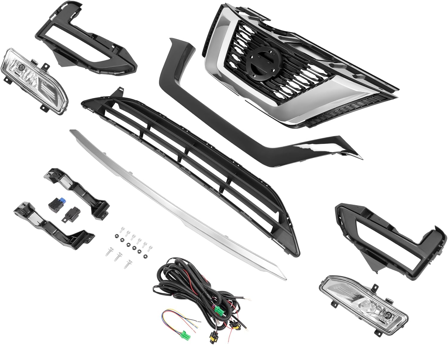 HECASA Front Upper + Lower Grille + Fog Light Kit Compatible with 2017-2020 Nissan Rogue Bumper Radiator Hood Grill Assembly Plastic Chrome&Painted Black+Silvery+Clear Lens