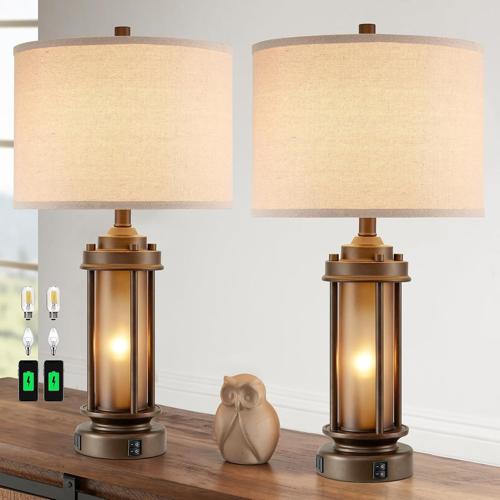 AIEAMPDO Set of 2 Farmhouse Table Lamps for Living Room, Rustic Vintage Bedside Lamps with 2 USB Ports, Bedroom Nightstand Lamp with Amber Glass Nightlight for End Table Entryway, 4 Bulbs Includes