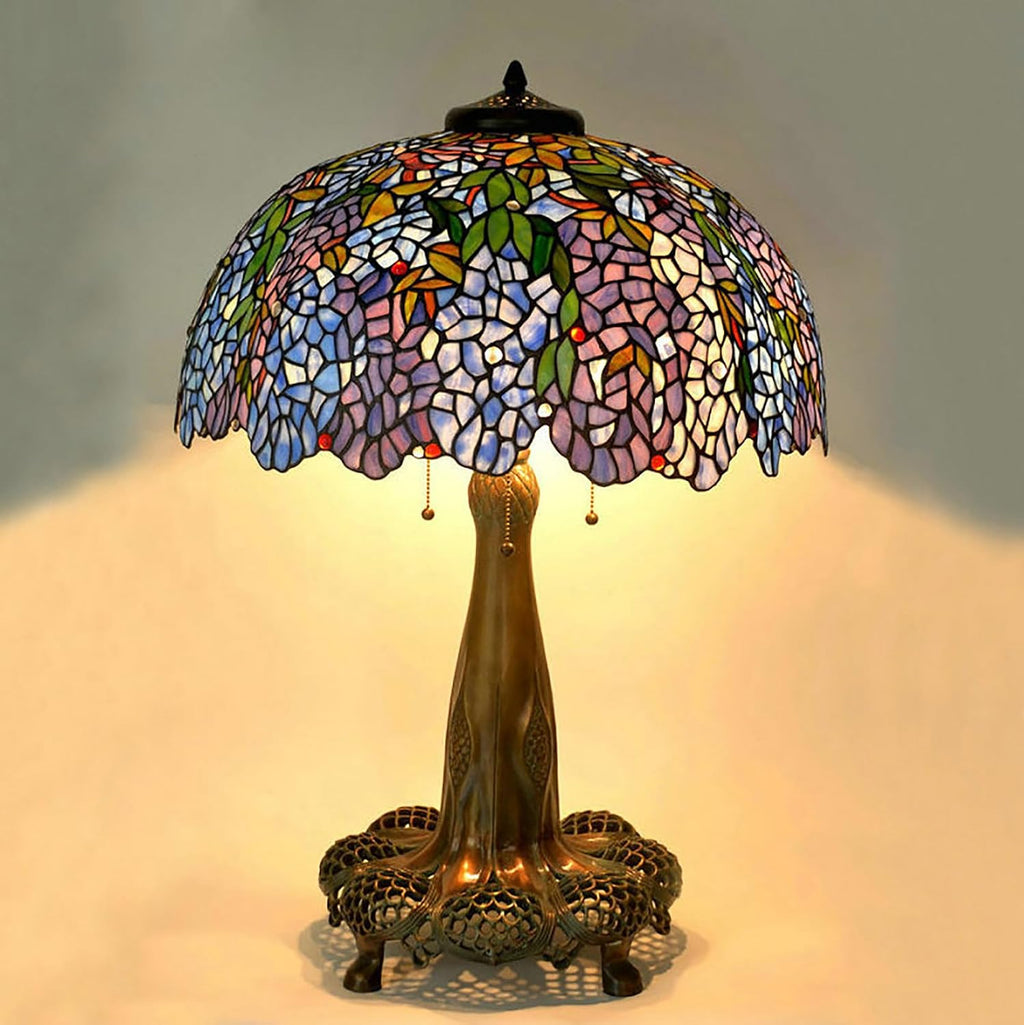 22Inch Purple Blue Wisteria Stained Glass Lampshade Replacement for Table Lamp, Wall Lamp, Ceiling Light, Floor Lamp, Tiffany Style Green Leaves Flower Shade with Red White Beads