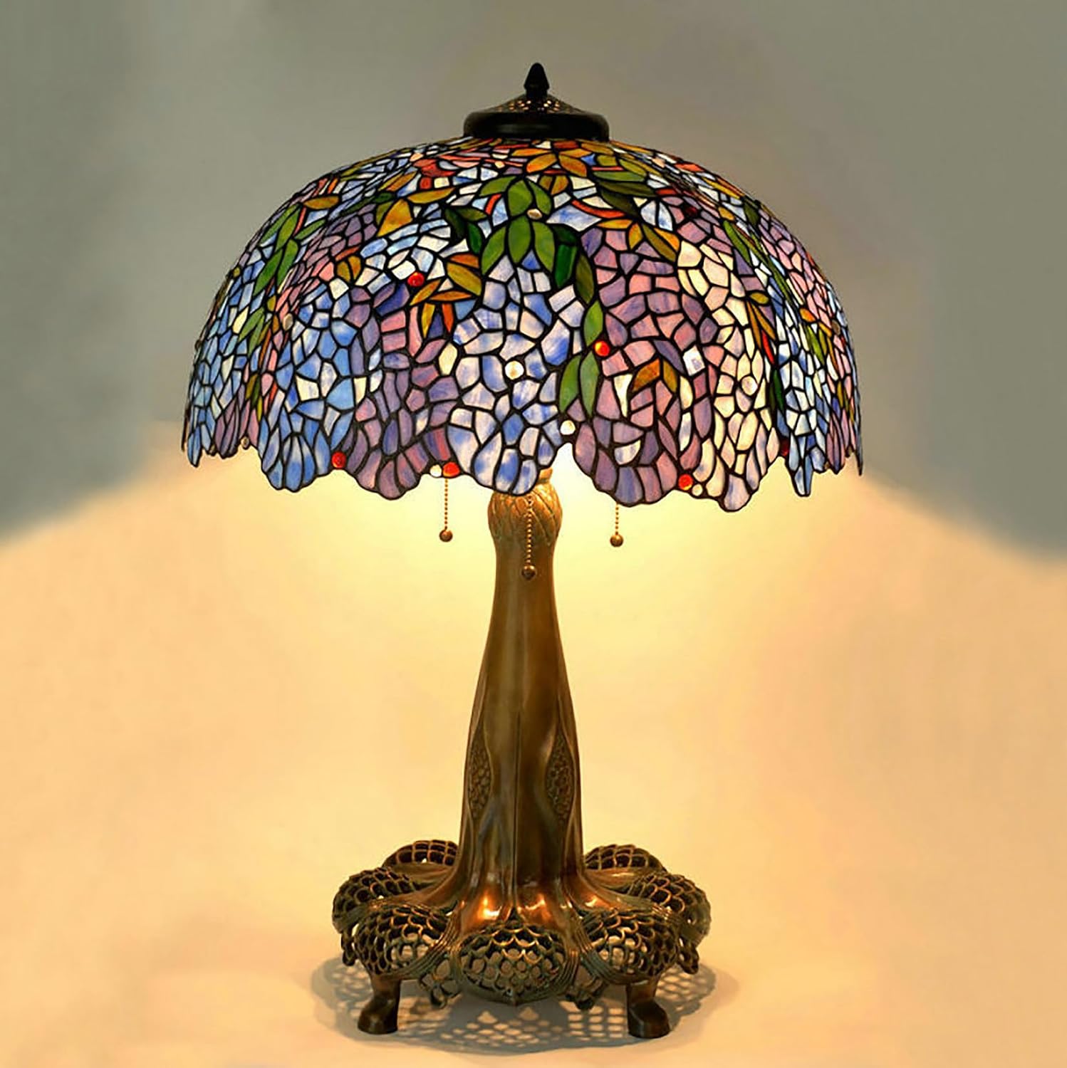 22Inch Purple Blue Wisteria Stained Glass Lampshade Replacement for Table Lamp, Wall Lamp, Ceiling Light, Floor Lamp, Tiffany Style Green Leaves Flower Shade with Red White Beads