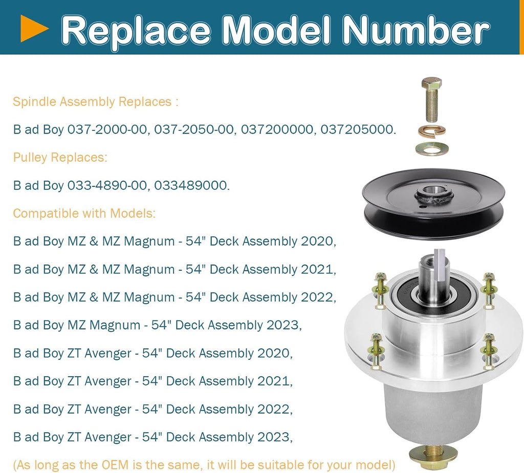 54' Deck Spindle Assembly (037-2000-00 037-2050-00) Pulley (033-4890-00) Fits Bad Boy MZ & MZ Magnum ZT Avenger Mower (3 Pack)