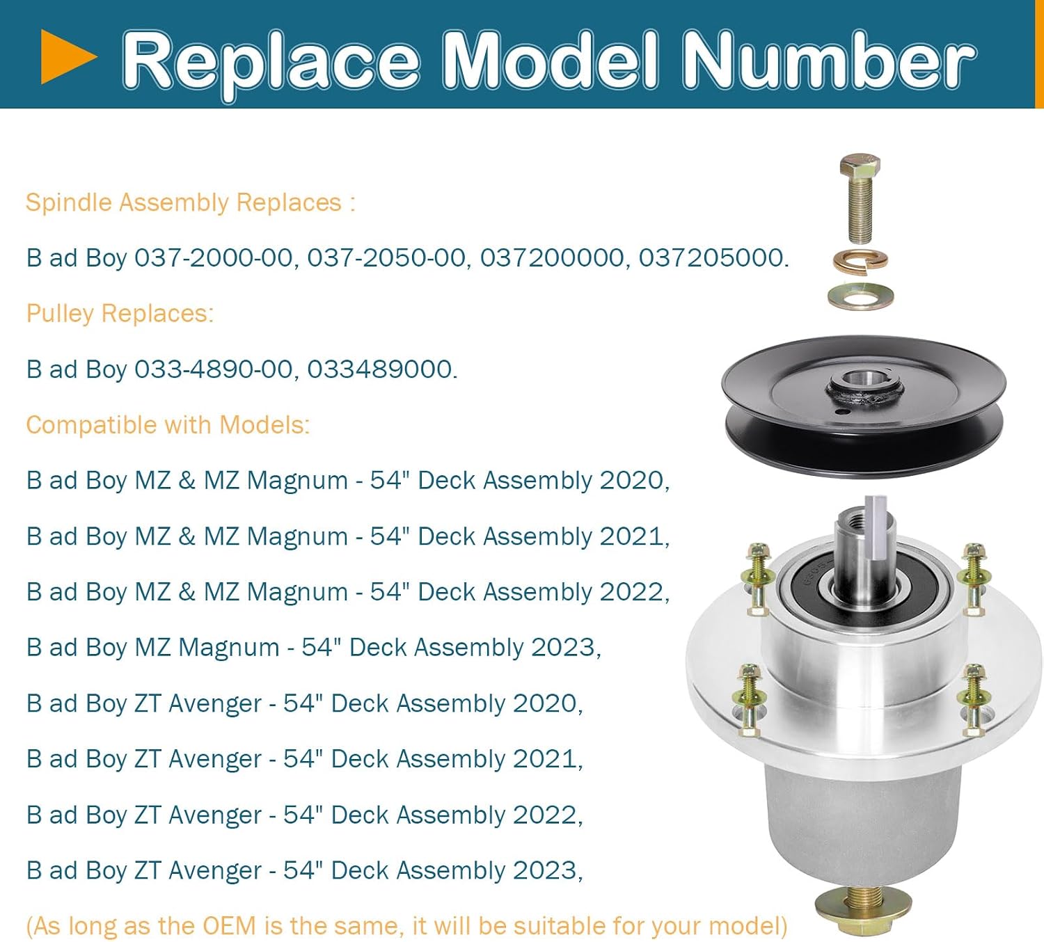 54' Deck Spindle Assembly (037-2000-00 037-2050-00) Pulley (033-4890-00) Fits Bad Boy MZ & MZ Magnum ZT Avenger Mower (3 Pack)