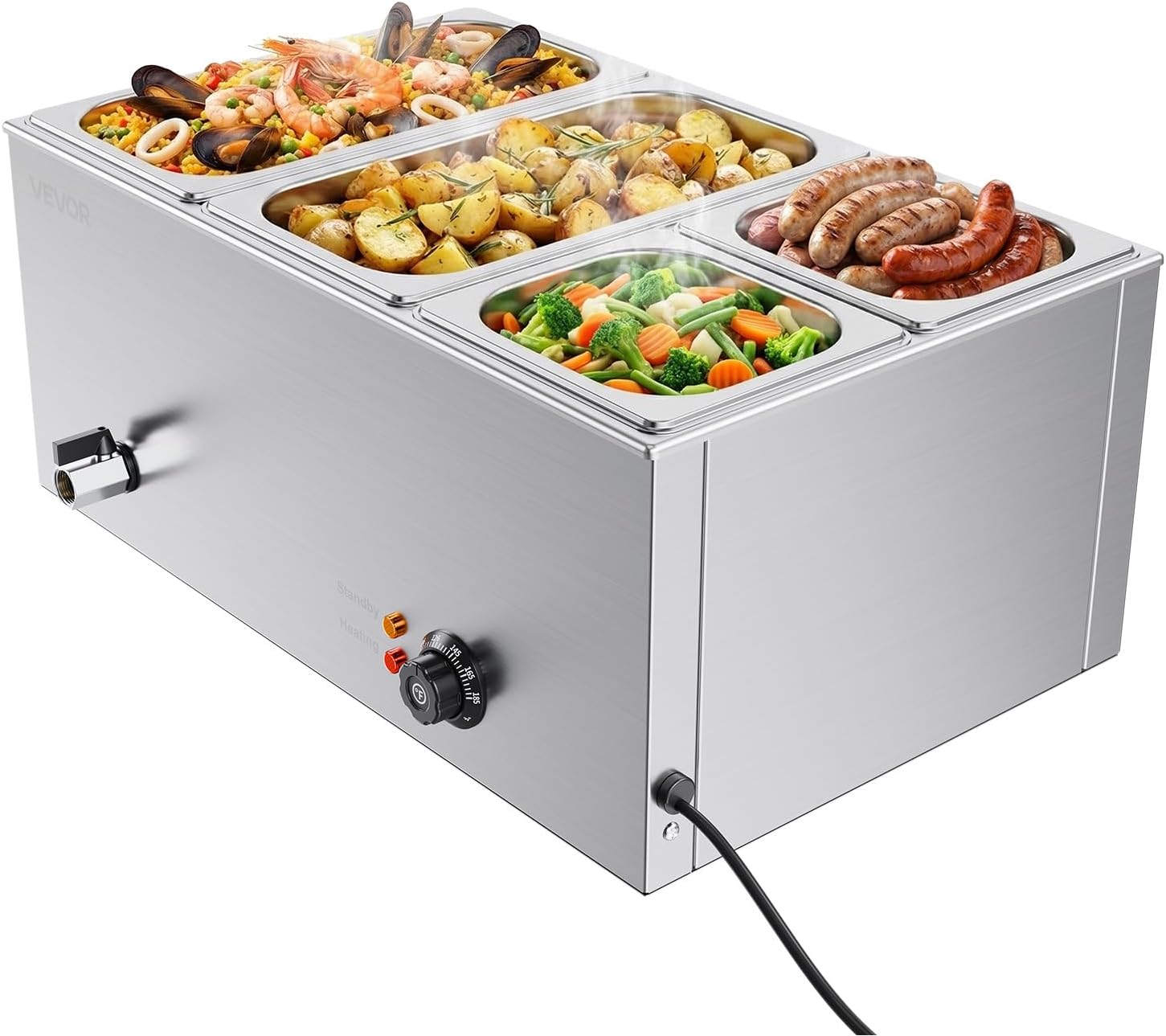 VEVOR 4-Pan Commercial Food Warmer, 24QT Electric Steam Table, 1200W Professional Countertop Stainless Steel Buffet Bain Marie with 86-185°F Temp Control for Catering and Restaurants, Silver