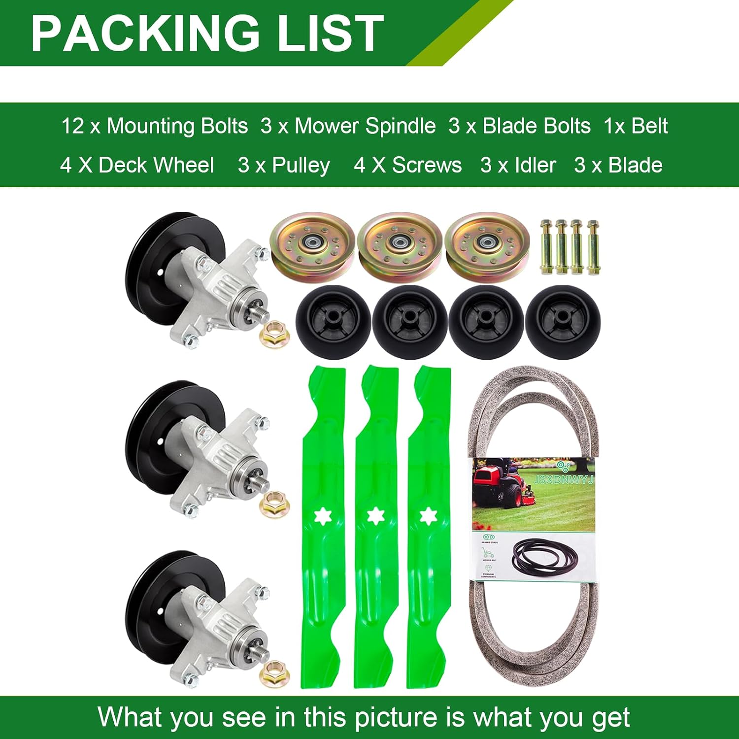 50 Inch Mower Deck Rebuild Kit - Fits Cub Cadet MTD RZT-50 RZT-50VT RZT50 ZT50 Troy Bilt Mustang XP 50, 3 Spindles (618-04126) 3 Blades (942-04053) 1 Belt (754-04044) 3 Idler (956-04129) 4 Wheels