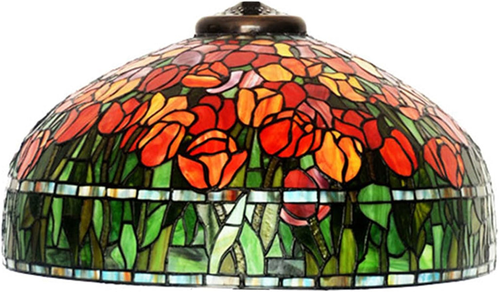 20 Inch Tiffany Lamp Shade Replacement, Only Handmade Stained Glass Lamp Chimney, Red Blue Flower Green Leaves Glass Beads Design, for Table Lamp, Pendant Light, Floor Lamp,Tulip