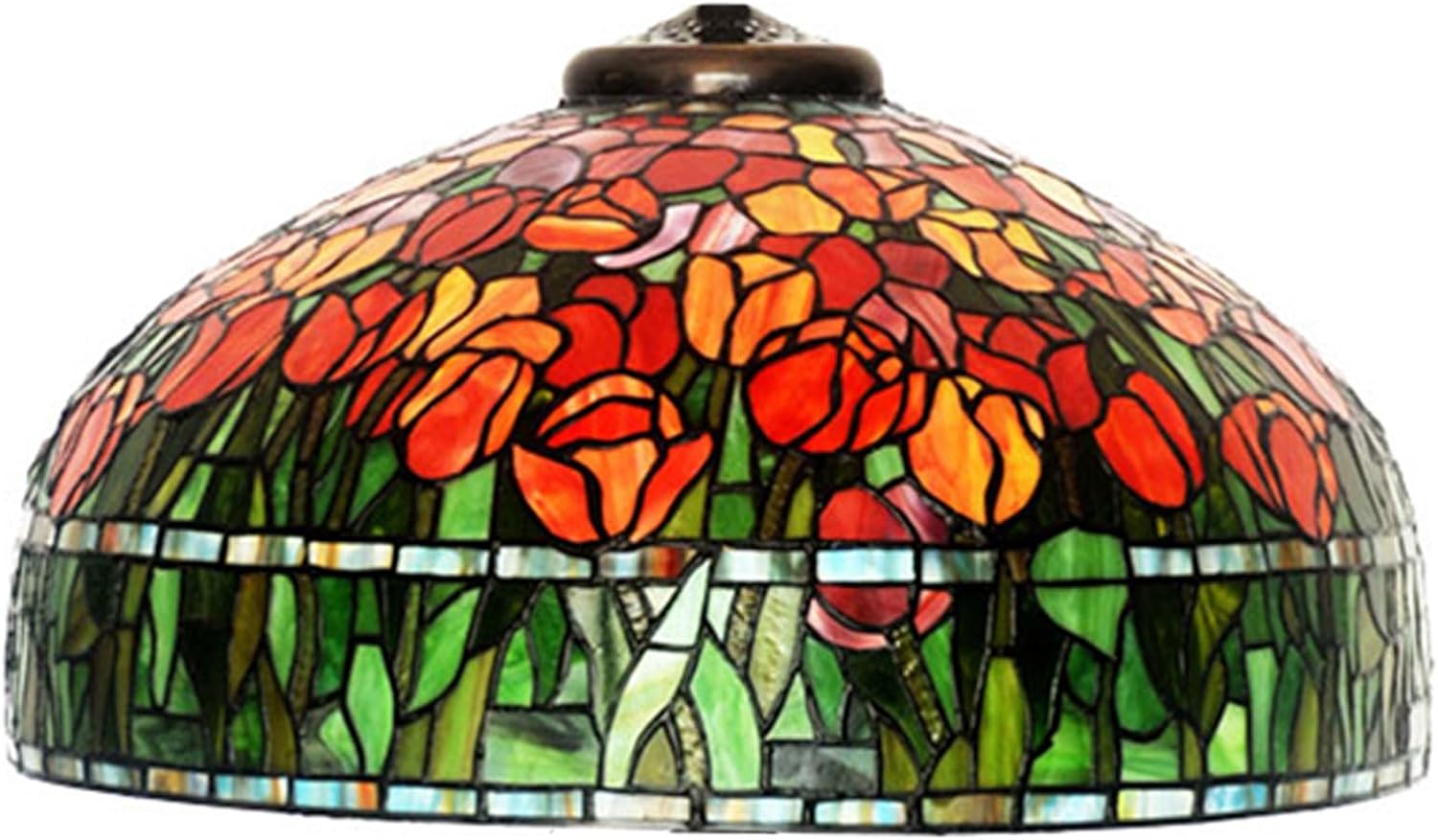 20 Inch Tiffany Lamp Shade Replacement, Only Handmade Stained Glass Lamp Chimney, Red Blue Flower Green Leaves Glass Beads Design, for Table Lamp, Pendant Light, Floor Lamp,Tulip