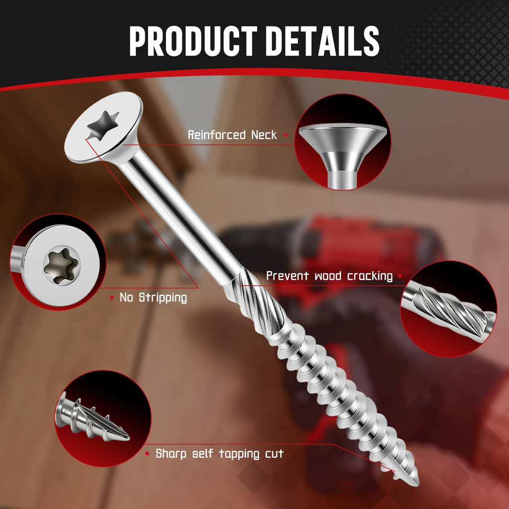 #10x2-1/2 Inch 304 Stainless Steel Deck Screws 1000 PCS - Corrosion-Resistant Outdoor Wood Fasteners for Fences, Decks, Wood Project - T25 Star Drive Bit