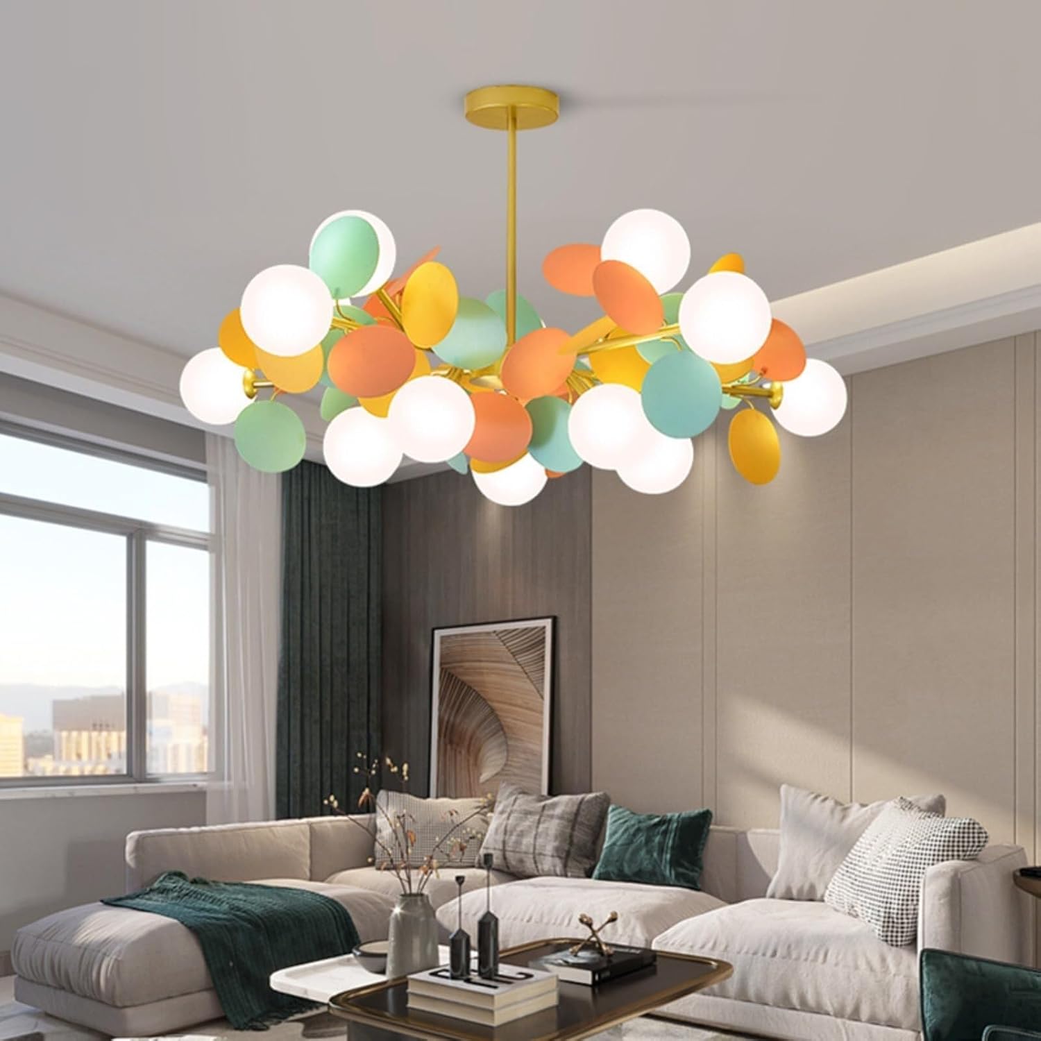 Pendant Lights 8-Lights Chandelier with White Globe Glass Shade Gold Chandelier Adjustable Height Metal Fixture for Living Room(9 Lights)