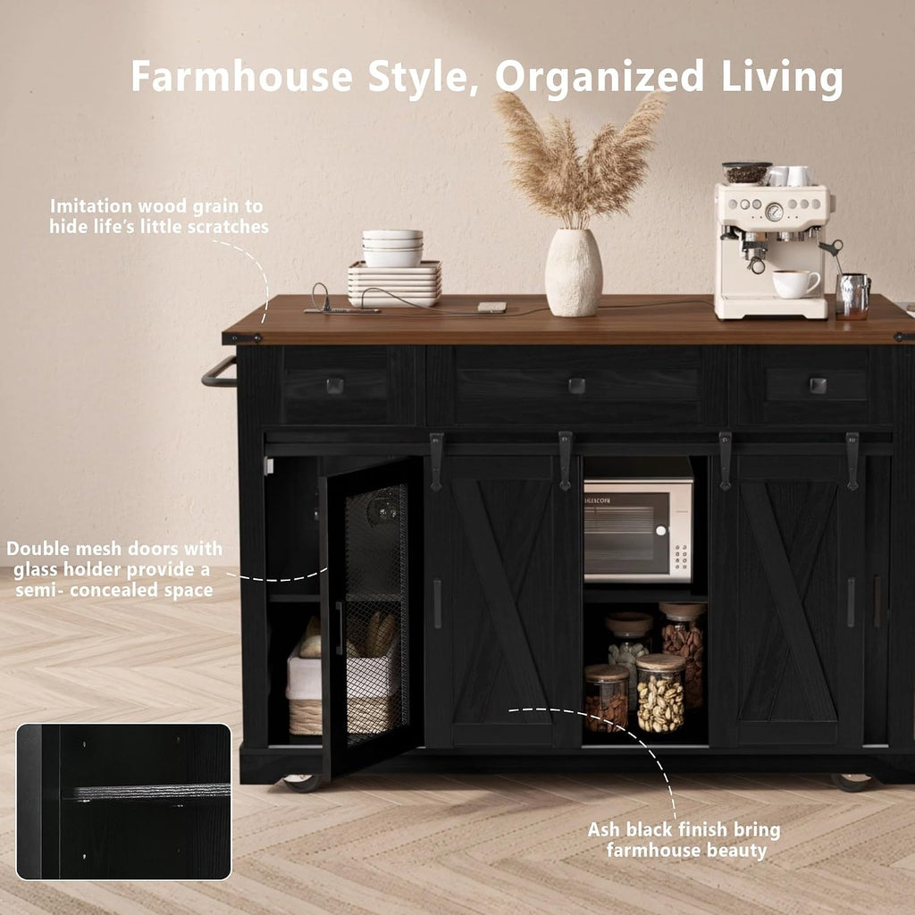 Large Farmhouse Kitchen Island with Drop Leaf, Power Outlet, Sliding Barn Doors and Metal Grid Side Door, 58' Rustic Storage Island Glass Holders for Dining Room