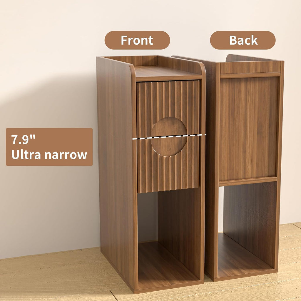 Narrow Fluted Nightstand Set of 2, Wooden Small 2 Drawer Nightstand, Slim Side End Table, Vintage Bedside Table, Mid Century Modern Night Stand with Drawers, for Living Room, Bedroom, Walnut