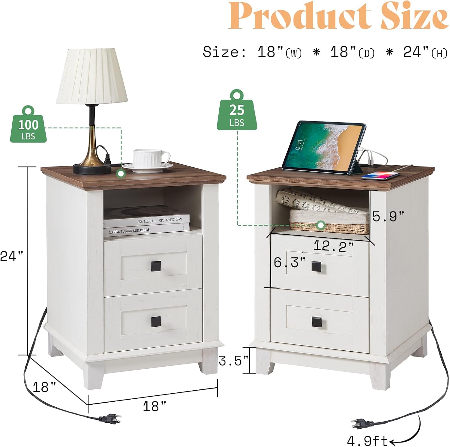 AMERLIFE 18' Farmhouse Nightstand Set of 2, End Table with Charging Station, with 2 Storage Drawers, Bedside Table with USB Ports, Rustic White